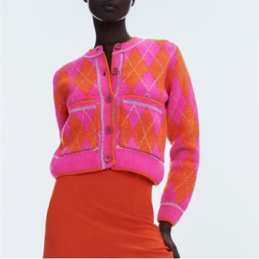 Rare Zara Barbiecore Tartan Argyle Cardigan pink orange silver metallic Medium